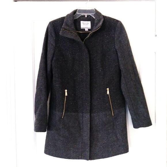Nautica Grey Herringbone Wool Blend Zip Up Winter Coat - Picture 1 of 7